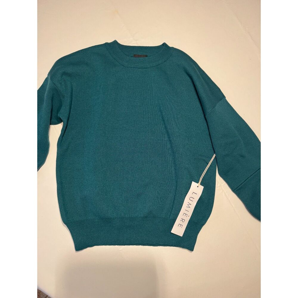 NWT Lumière Teal Blue Fine Knit Drop Shoulder Crewneck Sweater - Size Small